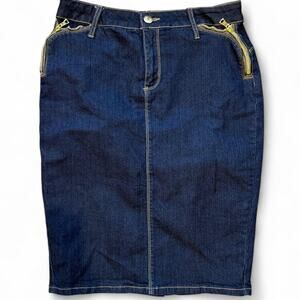 Y2k mcbling fitted dark denim w/ gold contrast stitching Elite sz 7/8 28" waist